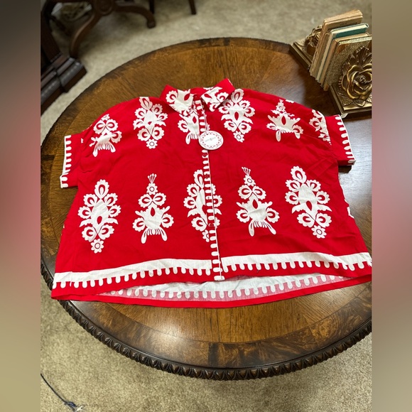 Umgee Red White Folk Print Button Front Boxy Top Cottagecore Boho Size Large - Picture 10 of 12